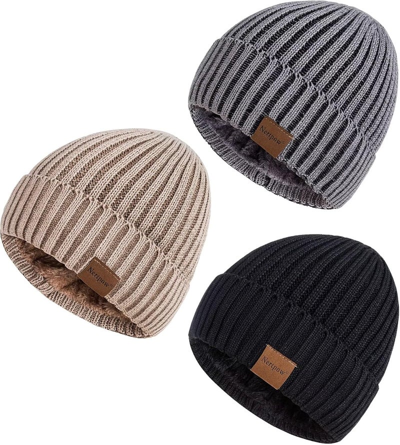Nertpow Mens Beanie Hats 3 Pack, Winter Hats for Men Women Warm Thermal Fleece Lined, Thick Knit Fashion Skull Cap for Guys - Image 1